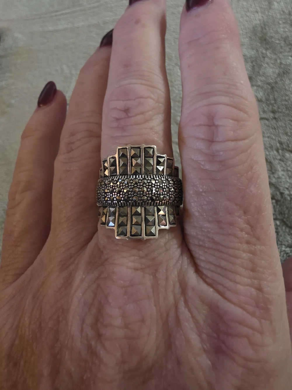 Sterling Silver & Marcasite Statement Ring with Pavé Center - Size 11 See Pics